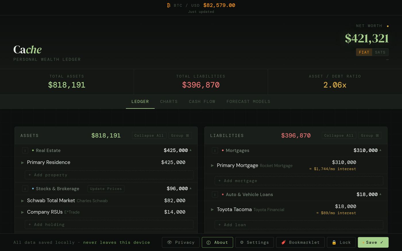 Cache ledger with net worth, assets and liabilities filled in with sample data