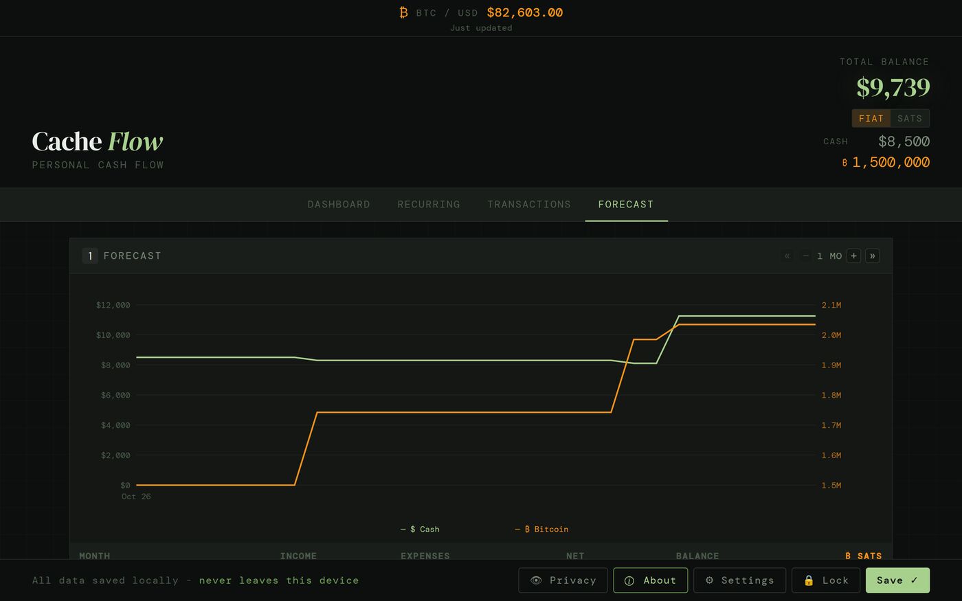 Cache Flow forecast chart of cash and bitcoin balances over the coming months