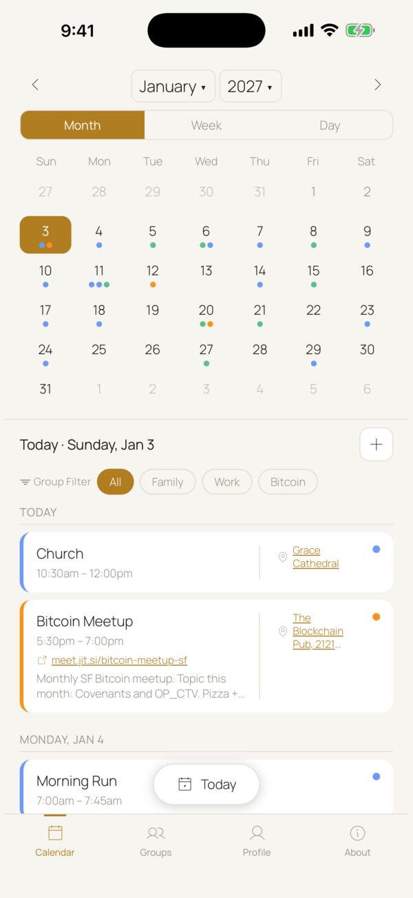 PearCal month view with the day's events listed below
