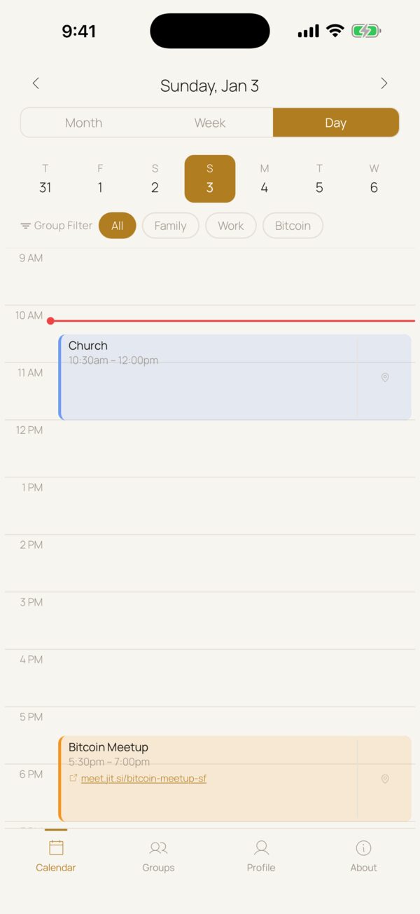 PearCal day view with a church service and a meetup