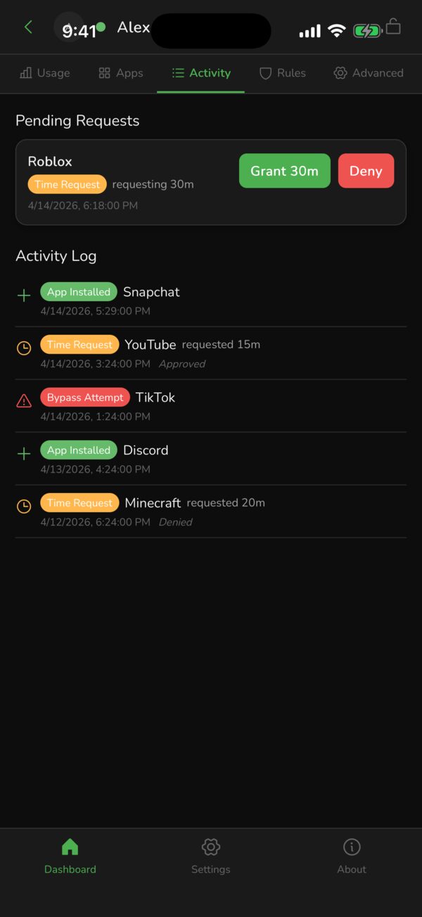 PearGuard pending requests and activity log