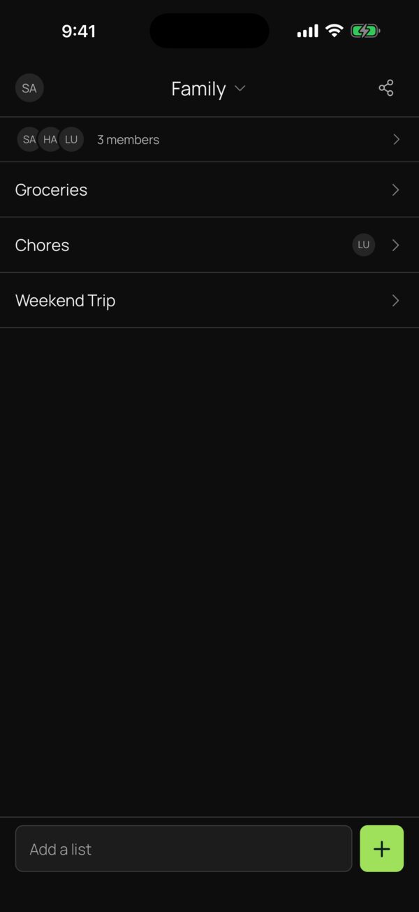 PearList lists for a family: Groceries, Chores and Weekend Trip