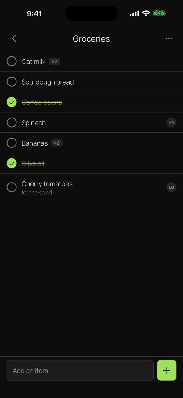PearList grocery list with some items checked off