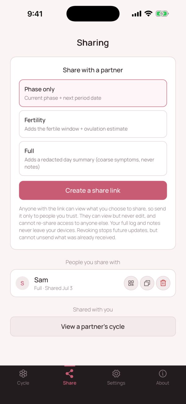 PearPetal sharing screen with phase only, fertility and full options